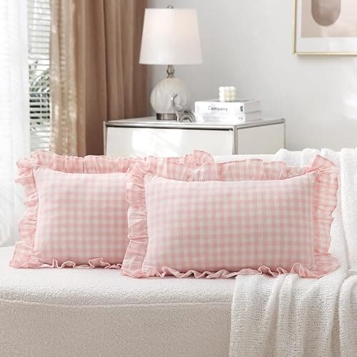 K MASANIJI 2 Pack Blush White Plaid Ruffle Gingham Lumbar Throw Pillow Covers, 100% Washed Cotton Checkered Girls Lovely Farmhouse Decorative Throw Pillow Shams for Bed/Sofa Zipper Closure- 20''x12'' - Image 1