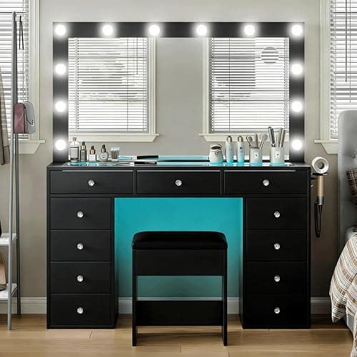 Makeup Vanity Desk with RGB Lights and Large 47.2ββ Mirror, 11 Drawers Makeup Vanity with Lighted Mirror, 3 Color Option, Brightness Adjustable, Make Up Vanity with Charging Station Woman, Black - Image 1
