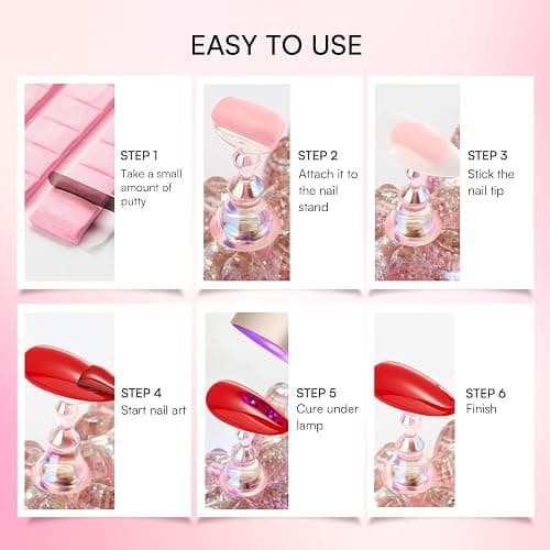 Makartt Nail Stand: Nail Art Display Practice Nail Stand for Press on Nails, Pink Flower Nail Holder for DIY Designs, Magnetic Press on Nail Stand with 48PCS Reusable Adhesive Putty for Home DIY Salon thumbnail 8