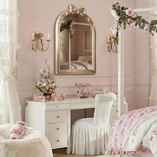 iyabat 36x24 Arched Gold Bow Wall Mirror, Vintage Vanity Mirror for Bathroom & Bedroom Decor, Antique French Style Engineered Wood Frame with Ribbon Knot, Cute Coquette Aesthetic thumbnail 2