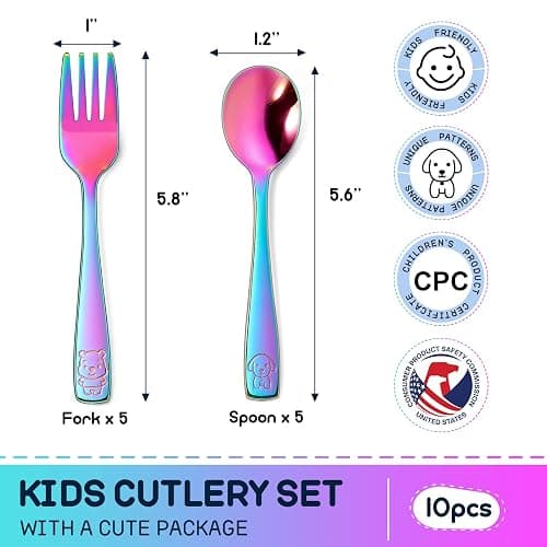 VITEVER 10 Pack Toddler Utensils, Stainless Steel Rainbow Silverware Set for Kids, Children Safe Cutlery Set Includes Forks and Spoons - Dishwasher Safe thumbnail 3