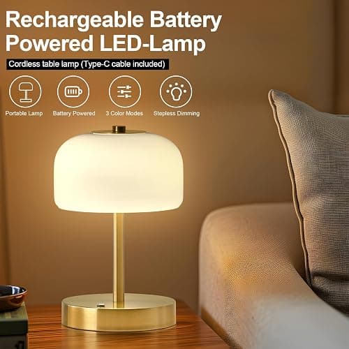 PORTRES Cordless Table Lamp Rechargeable Battery Operated Mushroom lamp Opal Glass Shade 3 Way Dimmable LED Touch Outdoor Lamp for Camping Bedroom Dining Living Room Beside Patio Restaurant,Gold thumbnail 3