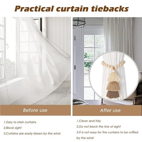 SRG Curtain Tiebacks for Curtains 2 Pack, Decorative Magnetic Curtain Holdbacks for Drapes, Handmade Tie Backs No Drilling for Home Bedroom Window Decor – Wood Bead thumbnail 5
