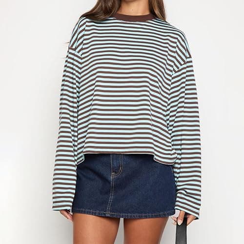 Foidiccx Striped Long Sleeve Shirt Women Y2k Oversized Crewneck Vintage Tops Fall Winter Drop Shoulder Cute Preppy Pullover thumbnail 6