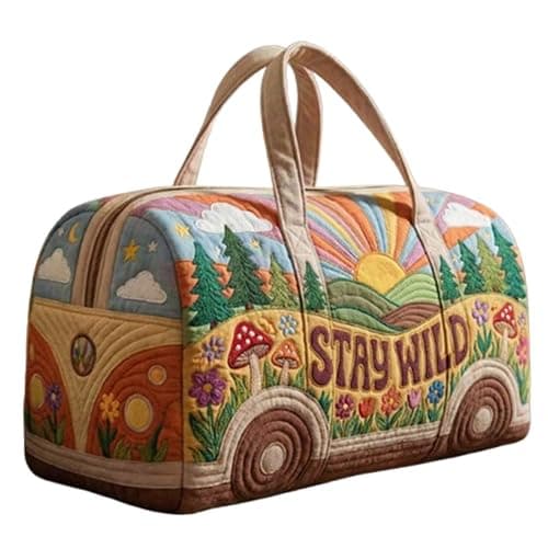 GELAiZi Retro Van Shape Quilted Duffle Printed Bag,Colorful Hippie Peace Sign, Wild Design, Travel Weekender Tote Bag - Image 1
