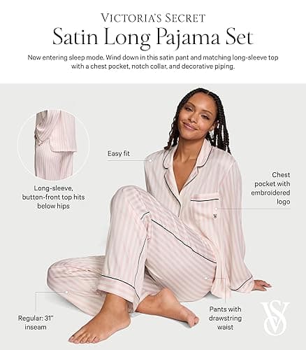 Victoria's Secret Satin Pajama Set, Long Sleeve Button Down Shirt & Pants, Sleepwear for Women (XS-XXL) - Small - Pink Iconic Stripe (New Look) thumbnail 4