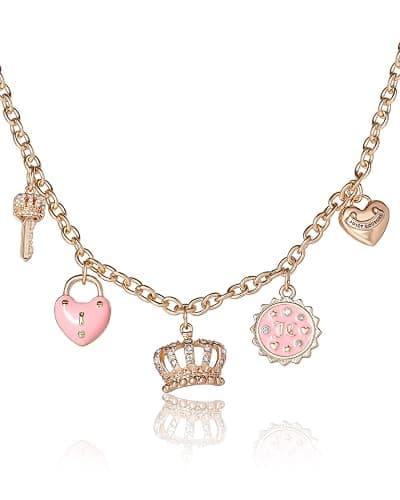 Juicy Couture Charm Necklace for Women, 16-18"+2" Gold-Tone Necklace Juicy Logo Charms with Pink Enamel and Clear Crystals - Image 1