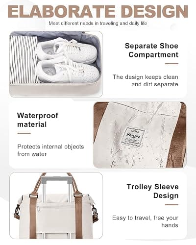 Travel Duffel Bag, 18x14x8 Inches Travel Bag Spirit with Shoes Compartment, Weekender Overnight Bag for Women with Trolley Sleeve, Carry On Bag for Airplanes Sport Tote Gym Bag BeigeBrown thumbnail 5