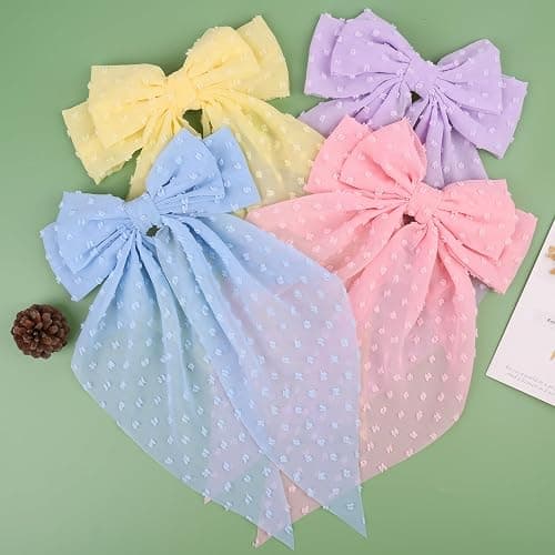 MRJ 4Pcs Chiffon Hair Bows for Women Big French Bows Hair Clips for Girls Hair Accessories Barrettes Metal Clips Bowknot Aesthetic thumbnail 2