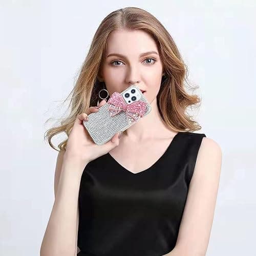 Max-ABC for iPhone 14 Plus Bling Glitter Case,3D Cute Bow Diamond Women Girls Cover Luxury Shiny Sparkle Crystal Rhinestone Gems Bumper Clear Protective Phone Case,Bow Pink thumbnail 6