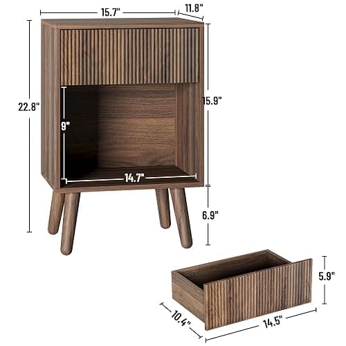 Nightstand, Modern Bedside Table with Storage Drawers and Open Wood Shelf, Night Stand with Solid Wood Legs, End Tables Side Tables for Living Room, Bedroom Walnut thumbnail 2