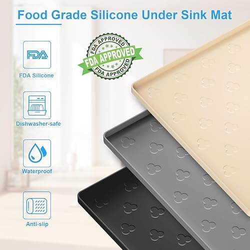 Under Sink Mat- 34" x 22" Waterproof Kitchen Cabinet Mat - Flexible Silicone Under Sink Liner - Kitchen Bathroom Cabinet Mat and Protector for Drips Leaks Spills (Beige) thumbnail 4