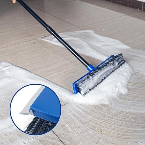 16 Inch Push Broom Outdoor 2 in 1 with Rubber Squeegee and Stiff Bristle Deck Brush 58" Long Handle for Deck Patio Garage Warehouse Driveway Concrete Floor Cleaning Scrubbing(Blue) thumbnail 4