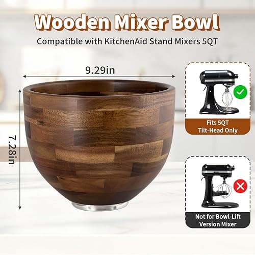 Mixer Wooden Bowl Compatible with Kitchenaid Mixer, Wooden Mixing Bowl for 5QT Tilt Head Stand Mixers, Wood Texture Surface, with Stainless Steel Locking Base, Perfect for Bread, Cake, and Baking thumbnail 3