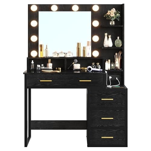 Tiptiper Makeup Vanity with Lights, Black Vanity Desk with Mirror & 3 Lighting Modes, Vanity Table with USB Ports and Outlets, Makeup Table with Nightstand & Storage Shelves & Drawers (Modern Black) thumbnail 8