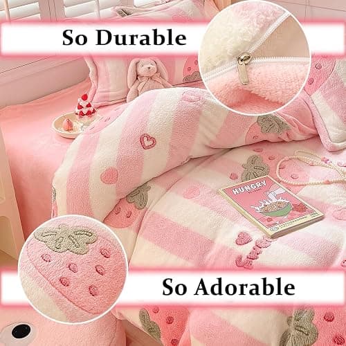 OranFran Pink Strawberry Kids Duvet Cover Set Cute Kawaii Bedding Set Twin Size Snowflake Fluffy Comforter Cover Blanket Soft Reversible Duvet Cover Room Decor (Strawberry,Twin) thumbnail 4