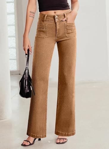 Sidefeel Women's Wide Leg Jeans High Waisted Denim Pants | Double Button Waistband,Tummy Control,Front Patch Pockets,Full Length,High Rise,Stretchy Fabric,Casaul Daily Wear thumbnail 5