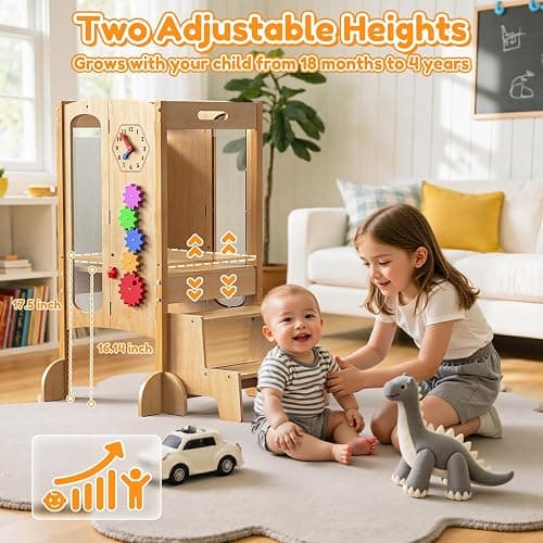 FlyingBoom Foldable Toddler Tower, Kitchen Stool Helper with 2 Step Stool, Toddler Standing Tower for Kids with Safety Net, Adjustable Height, Chalk-Whiteboard &Montessori Activity Games thumbnail 7