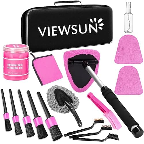 Viewsun Windshield Cleaner Tool, 17Pcs Pink Car Interior Cleaning Kit, Detailing Kit Cleaner, Detailing Brush, Cleaning Gel, Inside Cleaning Supplies Accessories for Women Girl Gift - Image 1