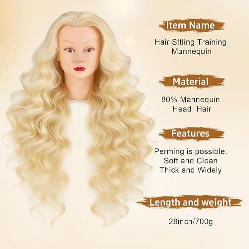 Mannequin Head with 80% Human Hair Face Mannequin Head for Hair styling Practice - Curling, Braiding, Cutting Multiple Hair Colors with Table Clamp Stand for Kids and Professionals 28inch thumbnail 2