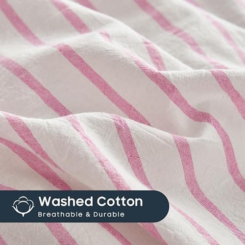 Wake In Cloud - Striped Cotton Duvet Cover Set, Ticking Stripe Vertical Pinstripe Farmhouse, 100% Washed Cotton Textured Percale Bedding Set, 3 Pieces, Pink White, Twin Size thumbnail 6