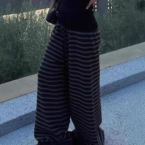 Striped Grunge Emo Pants Women High Waist Wide Leg Drawstring Baggy Pants Alt Y2k Pajamas Casual Lounge Bottom thumbnail 3