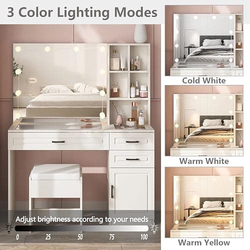 Fameill White Vanity Desk with Mirror and Lights,Glass Top Vanity Table with 3 Drawers and Cabinets,Large HD Mirror Makeup Desk,3 Lighting Modes, Brightness Adjustable,45 in(L) thumbnail 7