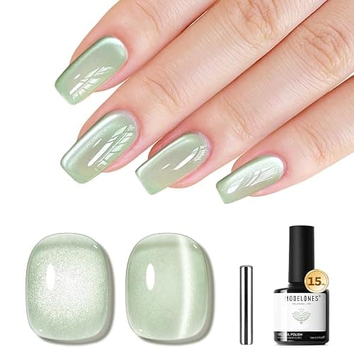 modelones Cat Eye Gel Nail Polish Green, Green Grapes Glitter Magnetic Nail Polish with Magnet Soak Off U V Winter Gel Polish Shimmer Nail Art Manicure Salon DIY - Image 1