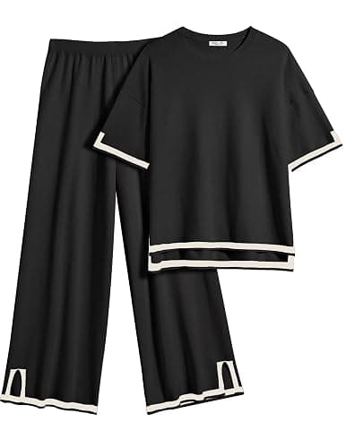 Ekouaer Lounge Set for Women Travel Outfits 2 Piece Sets Short Sleeve Sweater Top Wide Leg Long Pants Loungewear - Image 1