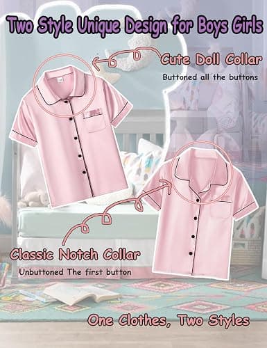 SWOMOG Unisex Kids Satin 2 Piece Pyjamas Sets Short Sleeve Teen Girls Boys Solid Button Down Top and Shorts Age 4-13 thumbnail 5