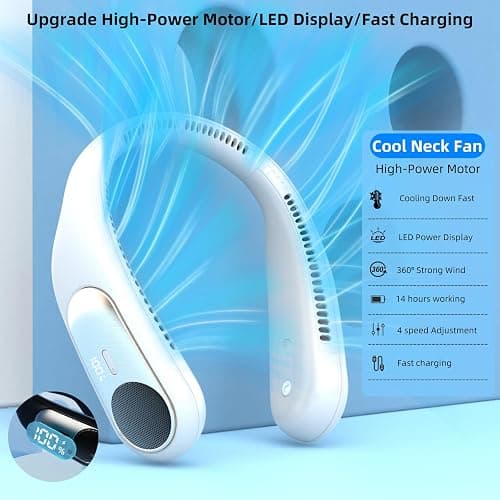 Namecute Portable Neck Fan, Personal Wearable Bladeless Fan for Outdoor Indoor, LED Display, 360° Cooling, 4-Speeds, 6000mAh USB Rechargeable, Birthday Gifts for Men Women Dad Mom (White) thumbnail 3