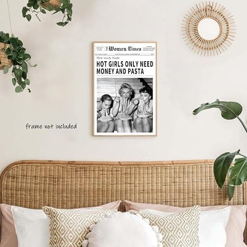 Vintage Women Times Newspaper Canvas Wall Art Black and White Aesthetic Poster Funky Hot Girl Eating Pasta Fashion Prints for Italian Kitchen Bar Cart Girly Dorm Room Art Posters 12x16inch Unframed thumbnail 4