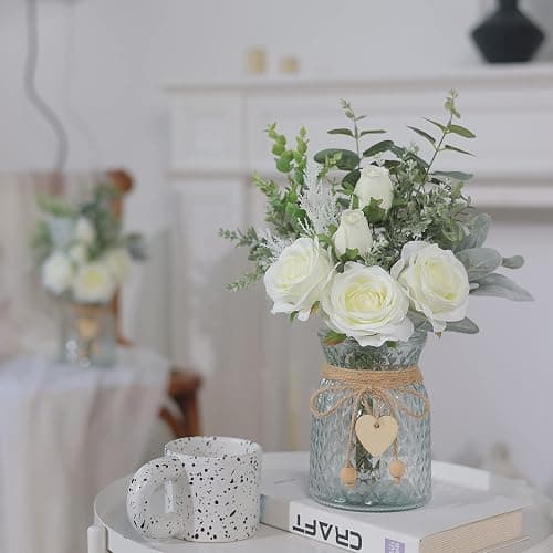 Faux Flowers with Vase,Artificial Silk Roses in Vase, Fake Plant Eucalyptus Flower Arrangement for Home Office Farmhouse Bathroom Dining Table Centerpiece Decorations Coffee Table Decor (White) thumbnail 2