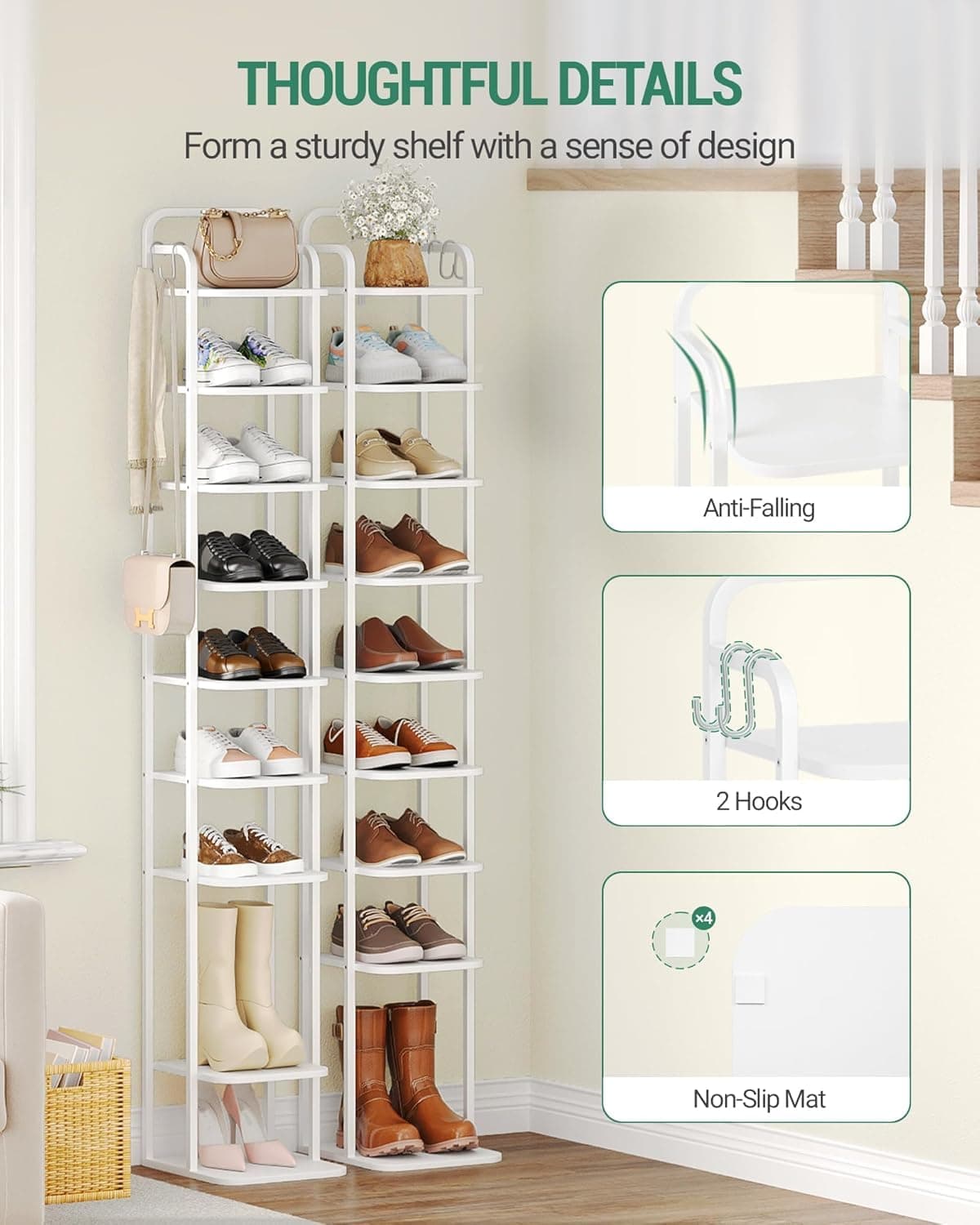 Hzuaneri Vertical Shoe Rack, Shoe Shelves, Wood Shoe Organizer for Closet, Entryway, Shoe Tower for Small Spaces, Free Standing, Adjustable, with 2 Hooks,10 Tiers White SR11213W thumbnail 3