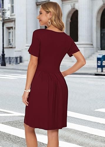 AUSELILY Women's Short Sleeve Pleated Loose Swing Casual Dress with Pockets Knee Length thumbnail 3