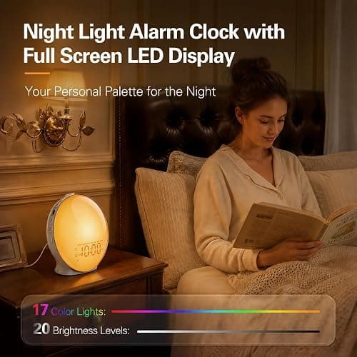JALL Full-Screen Wake Up Light Sunrise Alarm Clocks for Bedrooms, White Noise Machine for Heavy Sleepers, 25 Natural Sounds, Dual Alarms, FM Radio, 17 Dimmable Colors, Bluetooth Speaker thumbnail 8