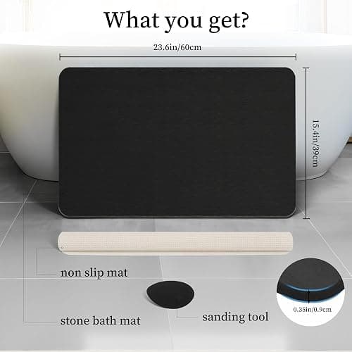 THMINS Black Stone Bath Mat, 24''x16'' Stone Shower Mat | Diatomite Stone Bath Mat, Super Absorbent, Quick-Drying, Non-Slip, and Easy to Clean for Bathroom - Image 1