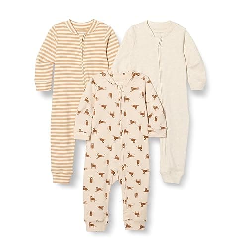 Amazon Essentials Unisex Babies' Cotton Zip-Front Footless Sleepsuit, Pack of 3 - 3-6 Months - Oatmeal Heather/Stripe/Tiger
