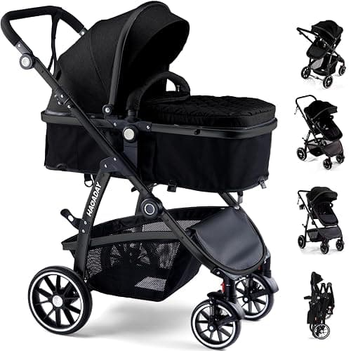 Baby Stroller, 2-in-1 Reversible Toddler Seat with Lie-Flat Mode, Foldable Infant Stroller with Canopy, One Button Brake, Adjustable Handle, Newborn Pushchair (Black B) - Image 1