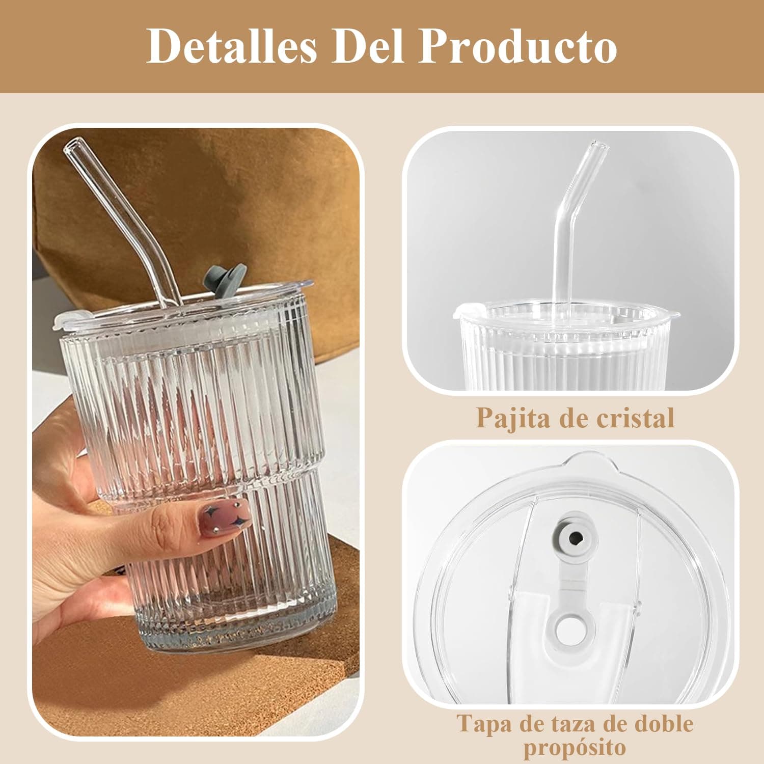 2 Pcs Taza de vidrio con Tapa y Pajita,Juego de Tazas de Café de 400ML,Juego Moderno de Taza de Café Exquisita,Apto Tanto para Frío Como para Calor para Cerveza,Whisky,Capuchino,Té,Leche,Cola thumbnail 2