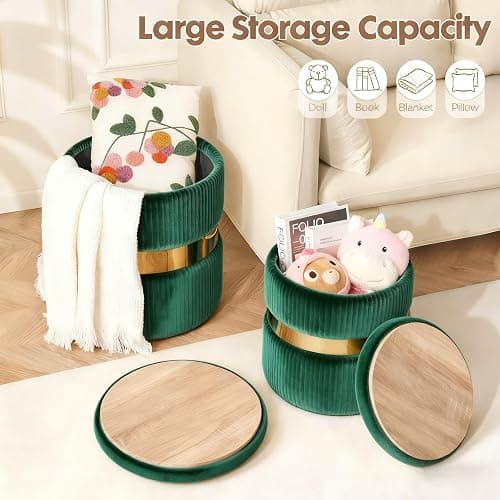 2BYF Round Ottoman with Storage Set of 2 Vanity Stool Foot Rest with Removable Lid for Bedroom Green Velvet Storage Ottoman Stool for Living Room Bedroom and Dorm thumbnail 6