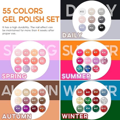 COSCELIA 60PC Gel Nail Polish Kit with U V light 55 Colors Gel Nail Polish Set 5PC Top Base Coat Glitter Rhinestones All Seasons French Manicure Starter Kit at Home for Women Girls thumbnail 2