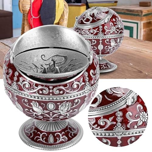 Windproof Ashtray, Vintage Ashtray with Lid, Metal Ball Cigarette Tabletop Ashtray with Wine Red Globe Fly Dragon Shape for Outdoor Indoor Home Decoration Crafts thumbnail 7