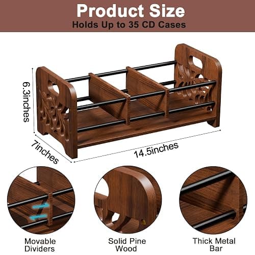 QILICHZ CD Holder,DVD Holder Storage,Wood CD Rack Organizer,DVD Rack,Cassette Tape Storage with Dividers for CDs, DVDS, Tapes,Video Game Cases, Tape Display Stand, Hold 35Pcs thumbnail 3