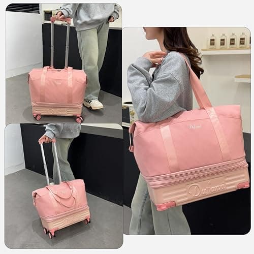 Rolling Duffle Bag with Wheels and Handle, Expandable Foldable Carry On Luggage with Removable Wheels, Personal Item Travel Bag, Lightweight Duffel Tote for Gym Hospital Weekender (Blush Pink) thumbnail 4