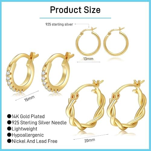 PABBEU Gold Hoop Earrings for Women Sterling Silver Post Small Gold Hoop Earrings 14k Real Gold Tiny Hypoallergenic Small Hoop Earrings Set for Women Men 13/15 /20mm thumbnail 2