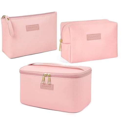 MAANGE Makeup Bag Waterproof Travel Cosmetic Bag PU Leather Cosmetic Pouch Portable Makeup Organizer Bag Large Capacity Toiletry Bag Multifunctional Storage Make Up Bag for Women (Pink, 3Pcs) - Image 1