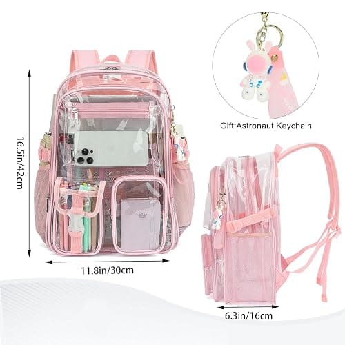 Kouxunt Clear Backpack Heavy Duty Transparent Backpacks Stadium Approved for School Work Sport Travel (Light Pink) thumbnail 5