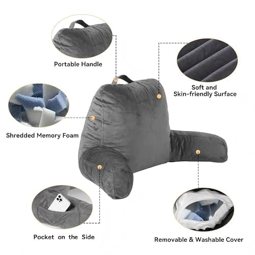 Yagamo Reading Pillow for Bed with Adjustable Memory Foam,Large Adult Backrest with Arms, Back Pillow for Sitting in Bed with Washable Cover- Large, Gray thumbnail 6