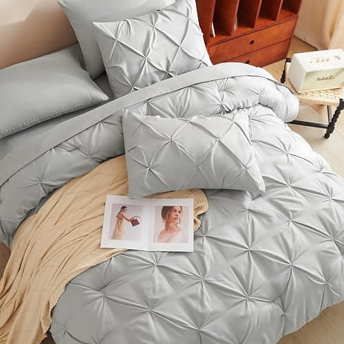 CozyLux Full Size Comforter Sets Light Grey, 7 Pieces Pintuck Bed in A Bag Gray Comforter Full Size, Pinch Pleat Bedding Sets with All Season Comforter, Sheets, Pillowcases & Shams thumbnail 4